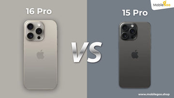 Image is comparing the Apple iPhone 15 Pro and the Apple iPhone 16 Pro. The iPhone 15 Pro is on the right, and the iPhone 16 Pro is on the left, highlighting the difference in their designs.
