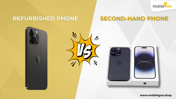 The image is showing the differences between the two types of phones i.e. refurbished phones and second-hand phones. On the left, a refurbished phone is shown and on the right, a second-hand phone is displayed.