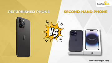 The image is showing the differences between the two types of phones i.e.  refurbished phones and second-hand phones.  On the left, a refurbished phone is shown and on the right, a second-hand phone is displayed.