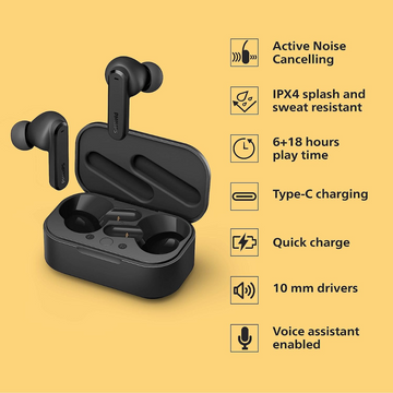 Philips (Audio TWS Bluetooth Truly Wireless In Earbuds With Mic With Active Noise Cancellation, Black)